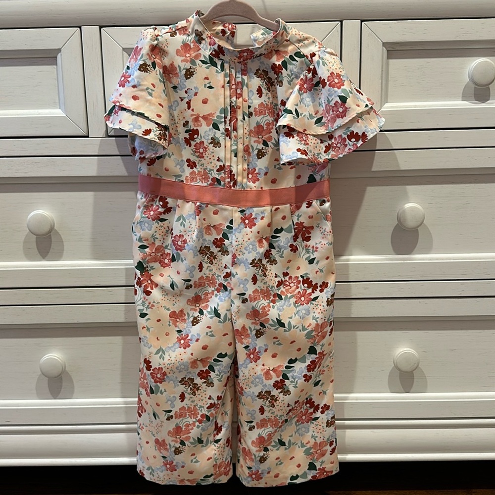 Janie and Jack Cream Floral Ruffle Jumpsuit with Pink Sash